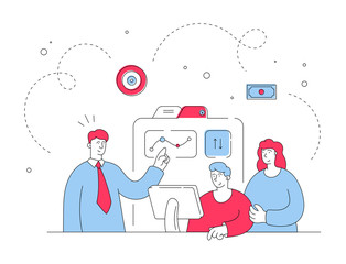 Poster - manager showing graph for customers. flat line vector illustration