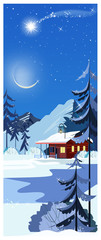 Wall Mural - Winter landscape with cottage, shooting star and fir-trees. Night snowy country scene illustration. Winter concept. For websites, posters or banners.