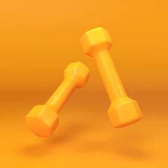 Yellow dumbbells on a yellow background, 3D render