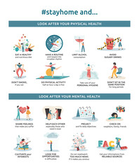 Vectorial infographics of tips to stay home safe and healthy, with good habits, routine and solidarity. Poster of advices for physical and mental health in quarantine due to coronavirus.