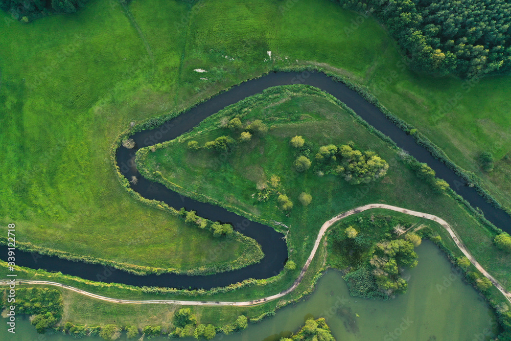 Drone shot of river in Mazury/Poland. - obrazy, fototapety, plakaty 