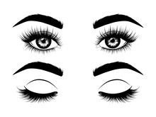 Fashion Illustration. Black And White Hand-drawn Image Of Beautiful Open And Closed Eyes With Eyebrows And Long Eyelashes. Vector EPS 10.