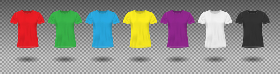 set of realistic colored t-shirt mockup. red, green and blue men t shirt clothes. different colors s