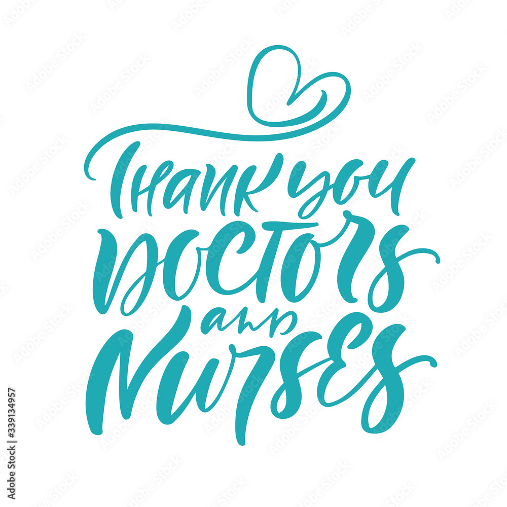 Thank you doctors and nurses turquoise lettering vector text and heart ...