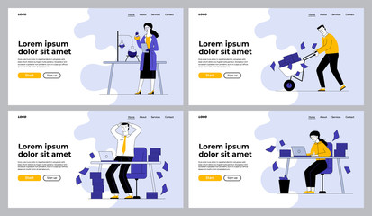 Paperwork and research set. Scientist conducting experiment, employees with heaps of papers. Flat vector illustrations. Overwork, science concept for banner, website design or landing web page