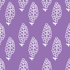 Wall Mural - Abstract white decorative berry with leaves ornament on purple background. Mulberry doodle illustration. Vector seamless pattern. Simple vector design for fabric, textile, wrap, scrapbooking.