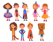 Girls And Boys Dressed As Fairytale Heroes Set, Cute Happy Kids Playing Dress Up Game Cartoon Vector Illustration