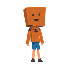 Canvas Print - Boy Playing Robot with Cardboard Box on his Head, Cute Kid Playing Dress Up Game Cartoon Vector Illustration