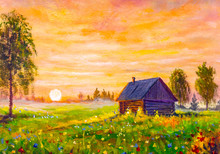 Original Oil Painting Of Old Rural House On Field Flowers, Beautiful Wildflowers On Beautiful Sunset On Canvas. Modern Impressionism.Impasto Artwork.