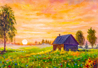 Original oil painting of old rural house on field flowers, beautiful wildflowers on beautiful sunset on canvas. Modern Impressionism.Impasto artwork.