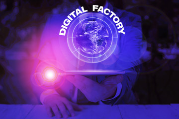 Poster - writing note showing digital factory. business concept for uses digital technology to operate the ma