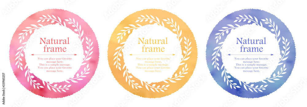 水彩 フレーム 植物 葉っぱ ナチュラル 自然 にじみ 花 絵具 ロマンチック ガーリー パステル 飾り罫 装飾 美しい フレームデザイン 見出しデザイン 手書き風 手描き 水彩風 イラスト セット素材 フレームセット 見出しセット デザインセット