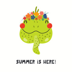 Hand drawn vector illustration of a cute iguana face in a flower crown, with lettering quote Summer Is Here. Isolated objects on white. Scandinavian style flat design. Concept for children print.