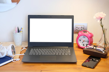 Poster - Home office table of laptop computer and blank paper background and copy space
