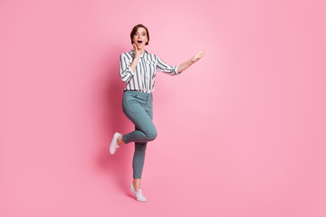 Wall Mural - Full length photo of funny astonished girl look incredible bargains show hands copy space palm scream impressed wear modern outfit isolated over pink color background