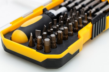 Poster - Tool kit for home and repair. Screwdriver with nozzles of different types in a box on a spruce background.