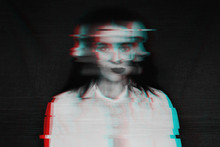 Black And White Blurred Abstract Portrait Of A Girl With Mental Disorders And Schizophrenia With A Glitch Effect