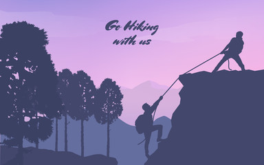 	
Adventure in the mountains. Assist a friend when climbing to the top. Hand of support. Friendship. Silhouette traveling people. Climbing on mountain. Vector illustration hiking and climbing team