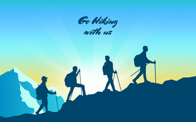 Silhouette traveling people. Climbing on mountain. Vector illustration hiking and climbing team