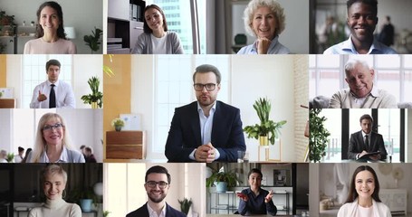 Wall Mural - business leader and multiracial employees group conferencing in virtual chat collage on computer scr