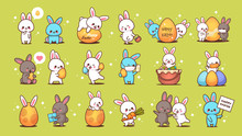 Set Cute Rabbits Happy Easter Bunnies Stickers Collection Spring Holiday Concept Horizontal Vector Illustration