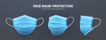 Blue Antiviral Medical Face Mask Protection Against Coronavirus Prevention Of Virus Spreading Pandemic Covid-19 View From Different Angles Copy Space Horizontal Vector Illustration