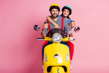 Sticker - Portrait of his he her she nice attractive cheerful cheery glad couple driving moped drinking latte cappuccino having fun isolated over pink pastel color background