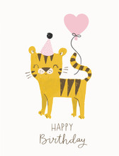 Cute Birthday Tiger With A Party Hat And A Balloon. Funny Cartoon Tiger Vector Illustration For Jungle Party, Birthday Cards, Invitations, Nursery Poster, Art Print And Baby Clothing.