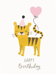 Wall Mural - Cute birthday tiger with a party hat and a balloon. Funny cartoon tiger vector illustration for jungle party, birthday cards, invitations, nursery poster, art print and baby clothing.