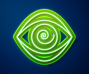 Glowing neon line Hypnosis icon isolated on blue background. Human eye with spiral hypnotic iris.  Vector Illustration