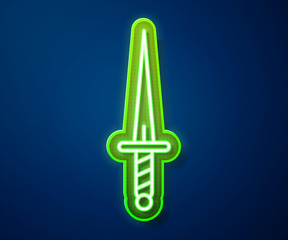 Glowing neon line Dagger icon isolated on blue background. Knife icon. Sword with sharp blade.  Vector Illustration