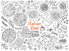Set Of Italian Cuisine Food Isolated On White Background. Doodle. Vector Illustration. Perfect For Food Menu Design Template.