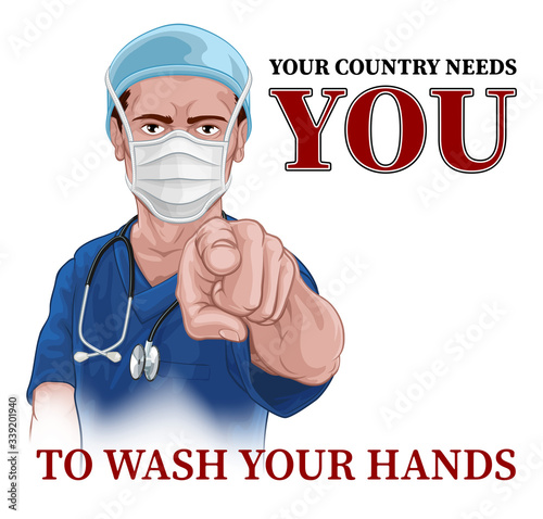 Cuadros en Lienzo A nurse or doctor in surgical or hospital scrubs and mask pointing in a your country needs or wants you gesture