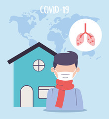 Wall Mural - covid 19 quarantine, man with mask and scarf protection prevent in house