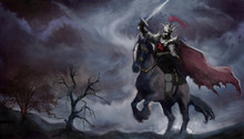 Fantasy Knight With Sword On Dark Horse Against Stormy Background