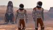 Astronaut Wearing Space Suit Walking On The Surface Of Mars. Exploring Mission To Mars. Futuristic Colonization and Space Exploration Concept. 3d rendering.