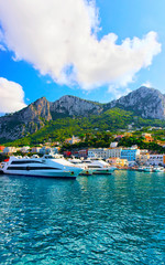 Sticker - Yachts at Marina Grande embankment in Capri Island Tyrrhenian sea reflex