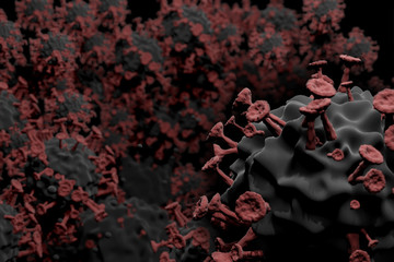 Microscopic virus close-up. Coronavirus disease (COVID-19) outbreak concept. 3D rendering image.