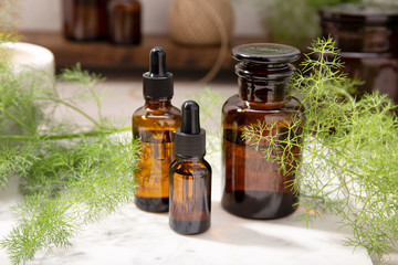 Wall Mural - Fennel essential oil on amber bottles. Herbal oil for skin care, aromatherapy and natural medicine