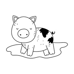 Sticker - pig in the mud farm animal isolated icon on white background line style