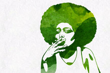 Woman's Silhouette With Afro Hairstyle Smoking Joint With Marijhuana Leaf. Vector Image