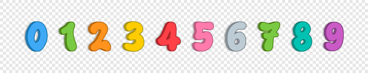 Poster - Numbers collection. Cartoon numbers in a row. Color numerals, isolated on transparent background. Numbers in cartoon design. Vector illustration