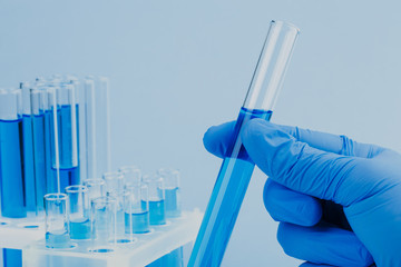 scientific laboratory equipment. hands of a scientific researcher in blue gloves