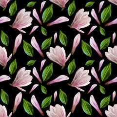 Sticker - Seamless pattern with blooming magnolia flowers and leaves. Watercolor illustration. Pattern on isolated on black background for your design, wrapping paper, fabric, background