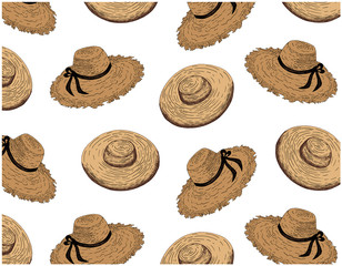 Sketch hand drawn pattern with engraving brown women's hats isolated on white background. Clothes retro wallpaper. Line art elegant design hat. Textile. Vector illustration