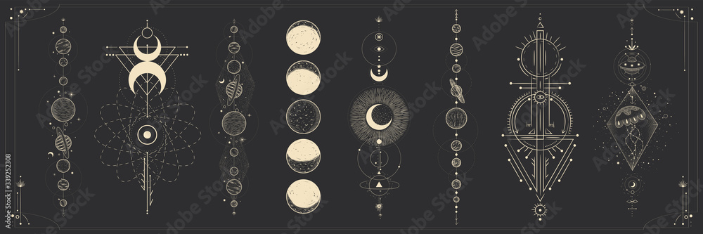 the sun and moon, the beauty of the eastern night. traditional folk spiritual elements. space objects. Vector graphics - obrazy, fototapety, plakaty 