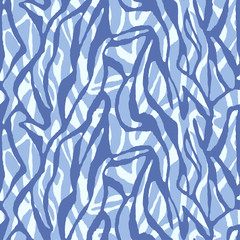 Poster - Stylish zebra camouflage fabric for printing. Blue stripes abstract seamless camo pattern. Vector decorative wallpaper