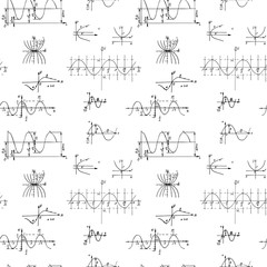 Seamless pattern with the parabola graphs and equations. Vector hand-drawn scientific and education background.