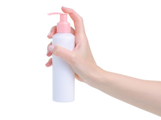 Bottle dispenser cream for hands in hand on white background isolation