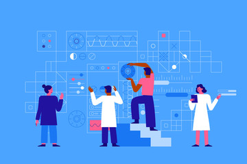 Vector illustration in flat cartoon simple style with characters - big data science and virtual futuristic interface development concept - teamwork and management